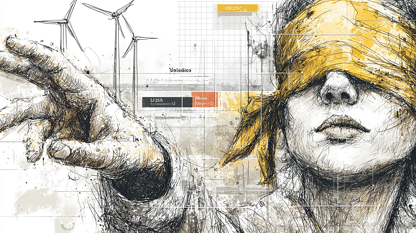 Blindfolded woman reaches out to grasp the digital and climate world